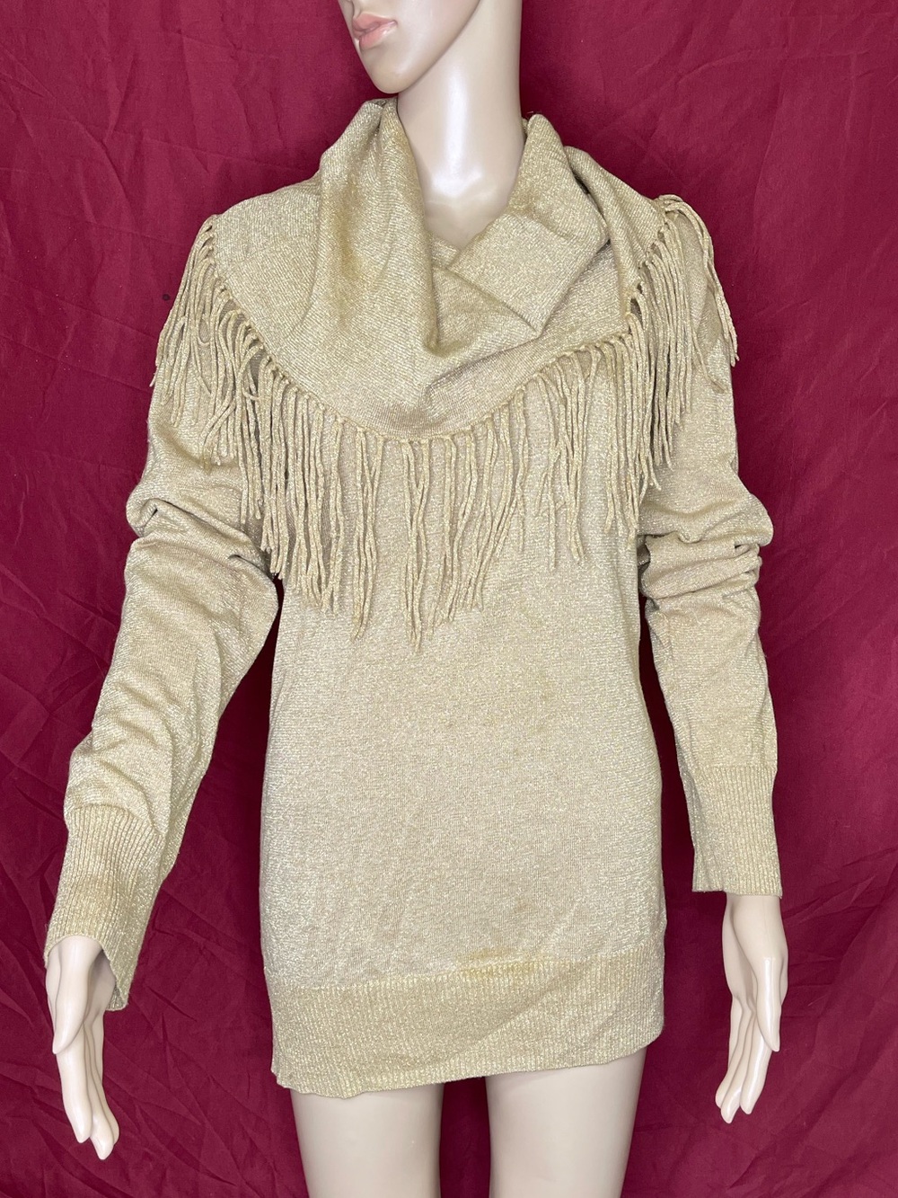 MICHAEL Michael Kors Gold Metallic Fringe Cowl Neck Tunic Sweater Size XL